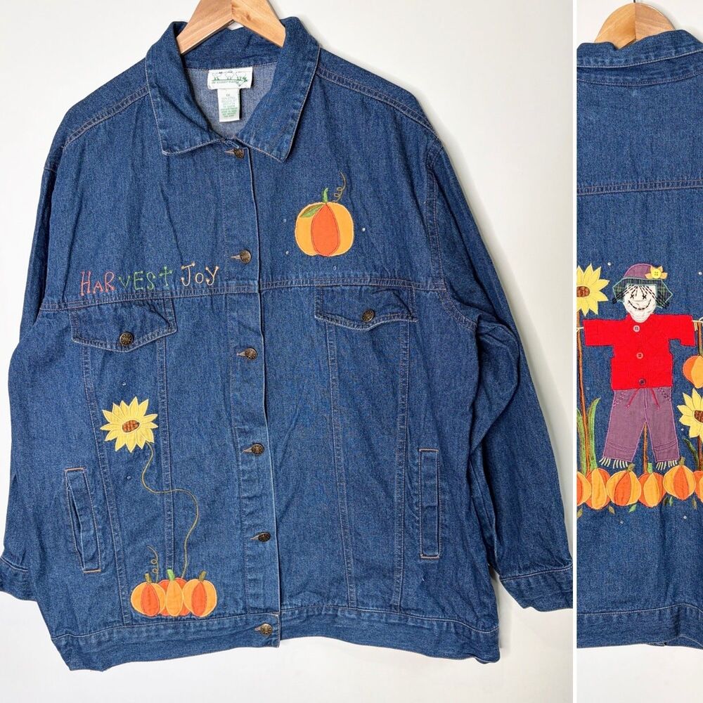 Vintage The Quacker Factory Jean Jacket Denim Embroidered Fall Harvest Women 1X